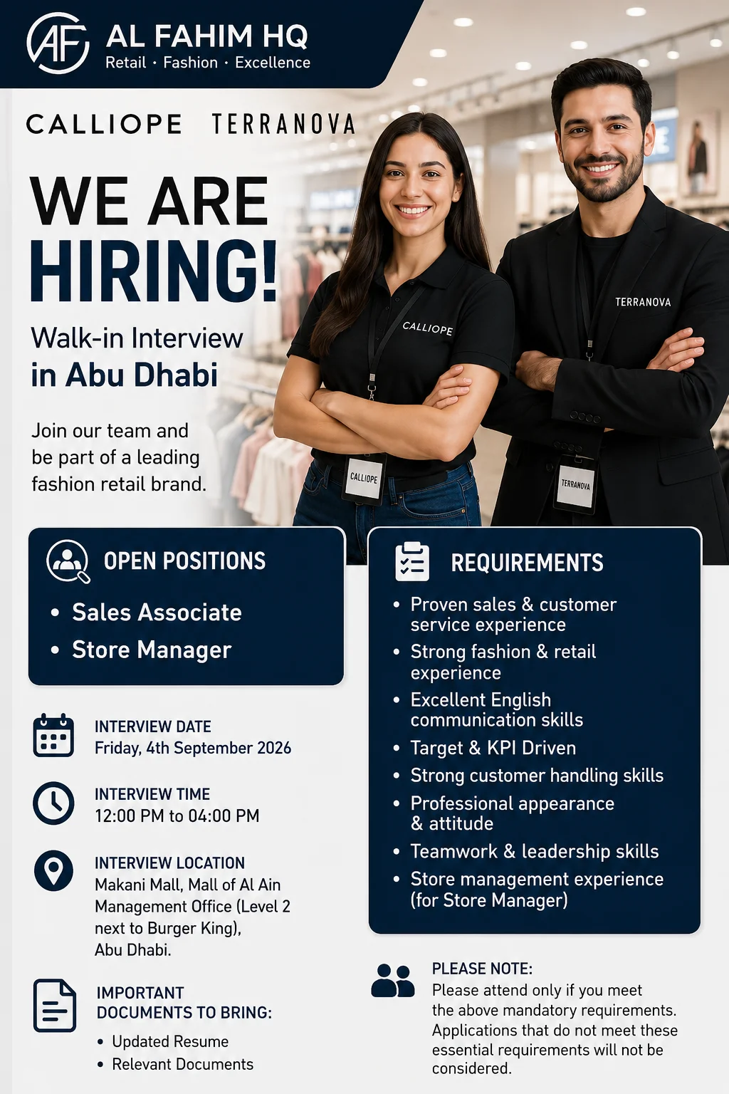 Official Job Advertisement - Al Fahim HQ Careers 2026 – Walk-in Interview in Abu Dhabi | Sales Associate & Store Manager