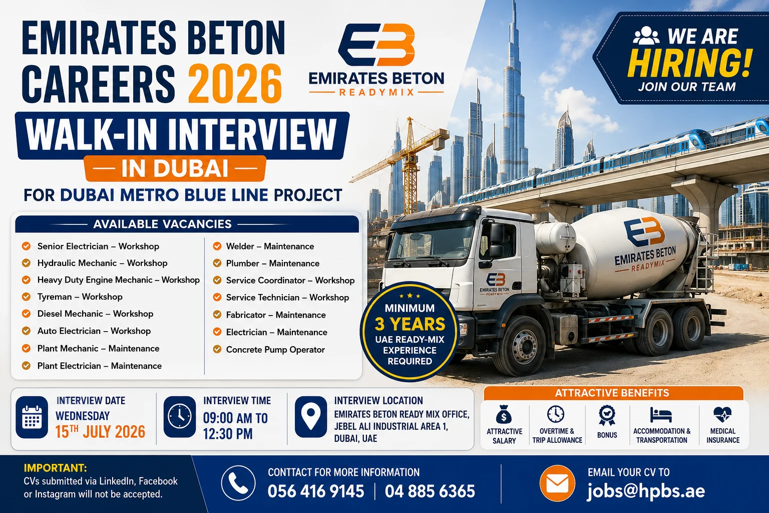 Emirates Beton Careers 2026 Walk-in Interview in Dubai – Multiple Workshop & Maintenance Jobs