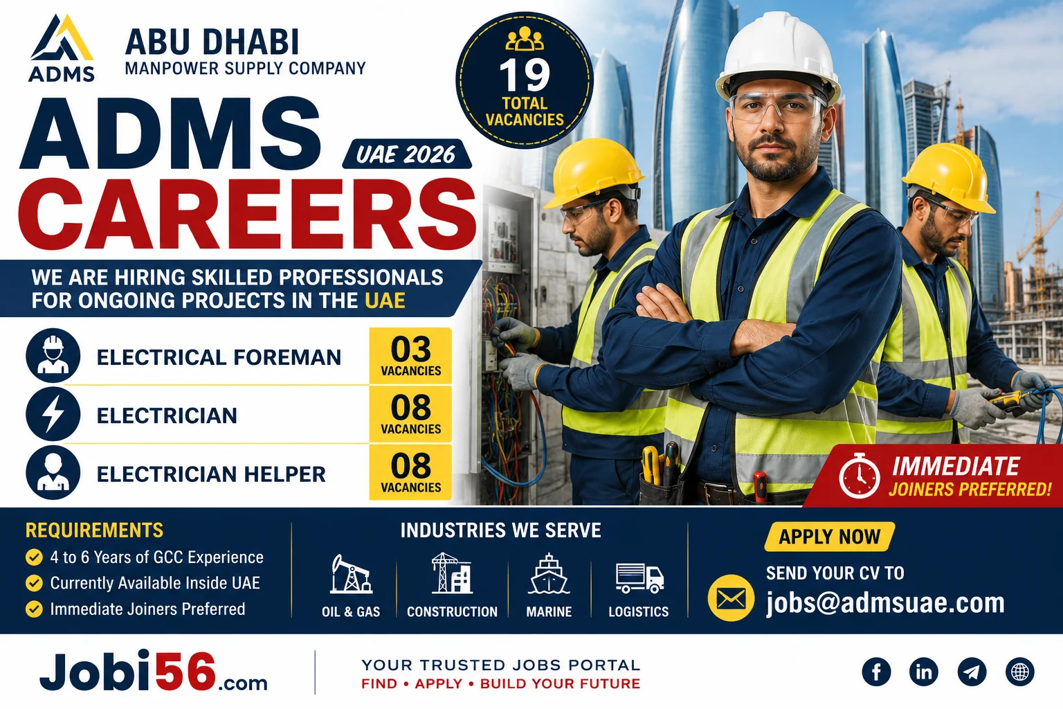 ADMS Careers in UAE 2026 – Abu Dhabi Manpower Supply Company Hiring Electrical Staff (19 Vacancies)