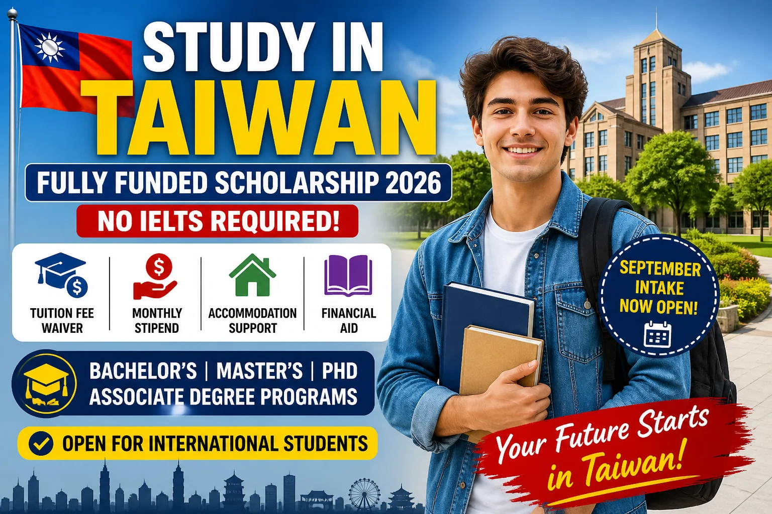 Fully Funded Taiwan Scholarship 2026 Without IELTS – Study in Asia for Free (Bachelor’s, Master’s &amp; PhD)